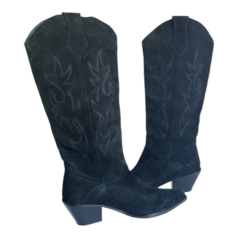 ZARA Embroidered Black Suede Western Tall Cowboy Boots Size 40 EU - Picture 7 of 15